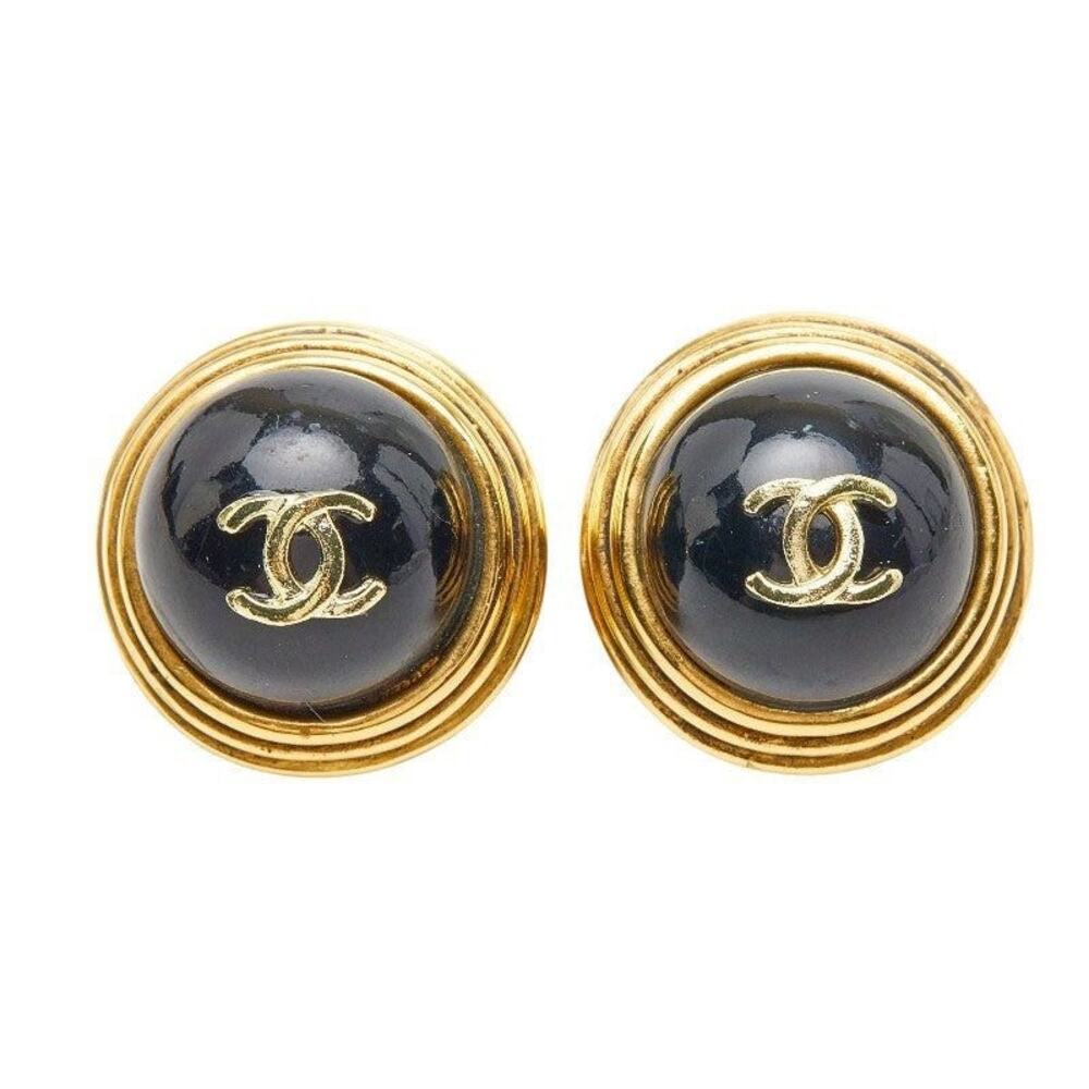 Chanel CC Logo Round Circle Plated Earrings Gold
